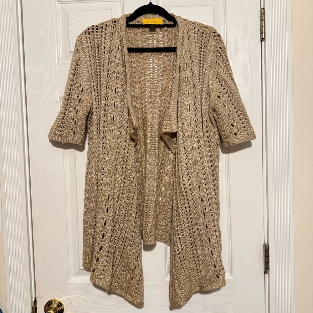 ST JOHN Short sleeve Open Cardigan Knit Champagne‎ Gold size Small